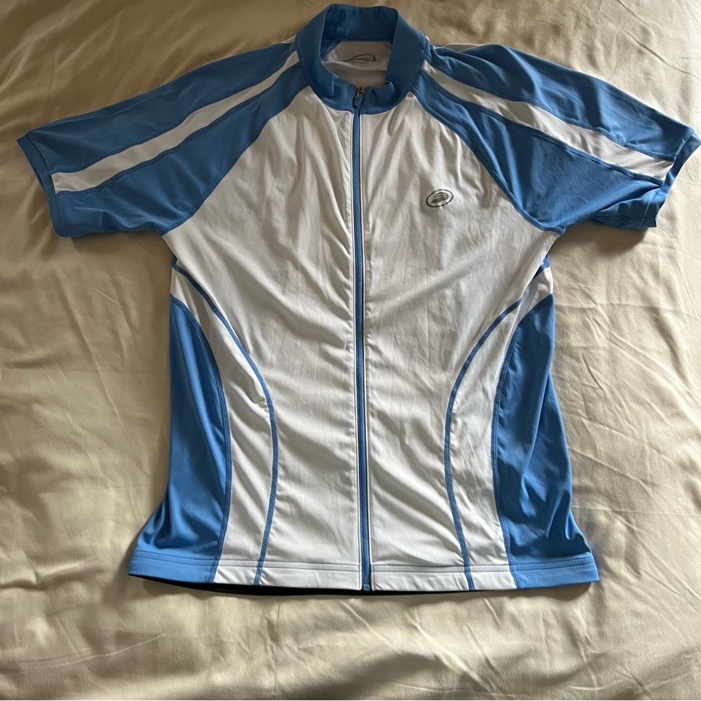 Women’s Performance Cycle Blue and White Cycling Zipper Jersey Size Large